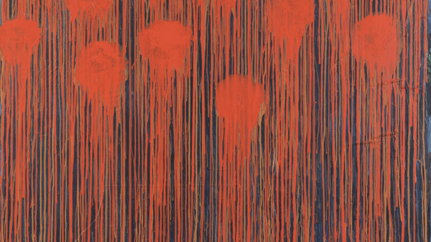 An intense display of crimson blooms cascading like memories on a black field, reflecting post-war French abstraction and the emotional weight of gesture.